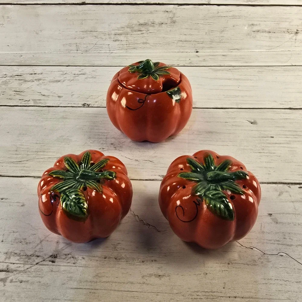 Vintage Ceramic Pumpkin Tomato Salt Pepper Shakers and Lidded Jam Pot Set Orange